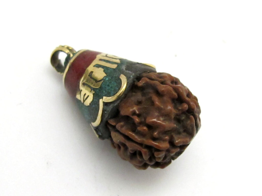 1 Pendant - Tibetan Om mantra Nepal natural Rudraksha seed capped drop pendant - PM269