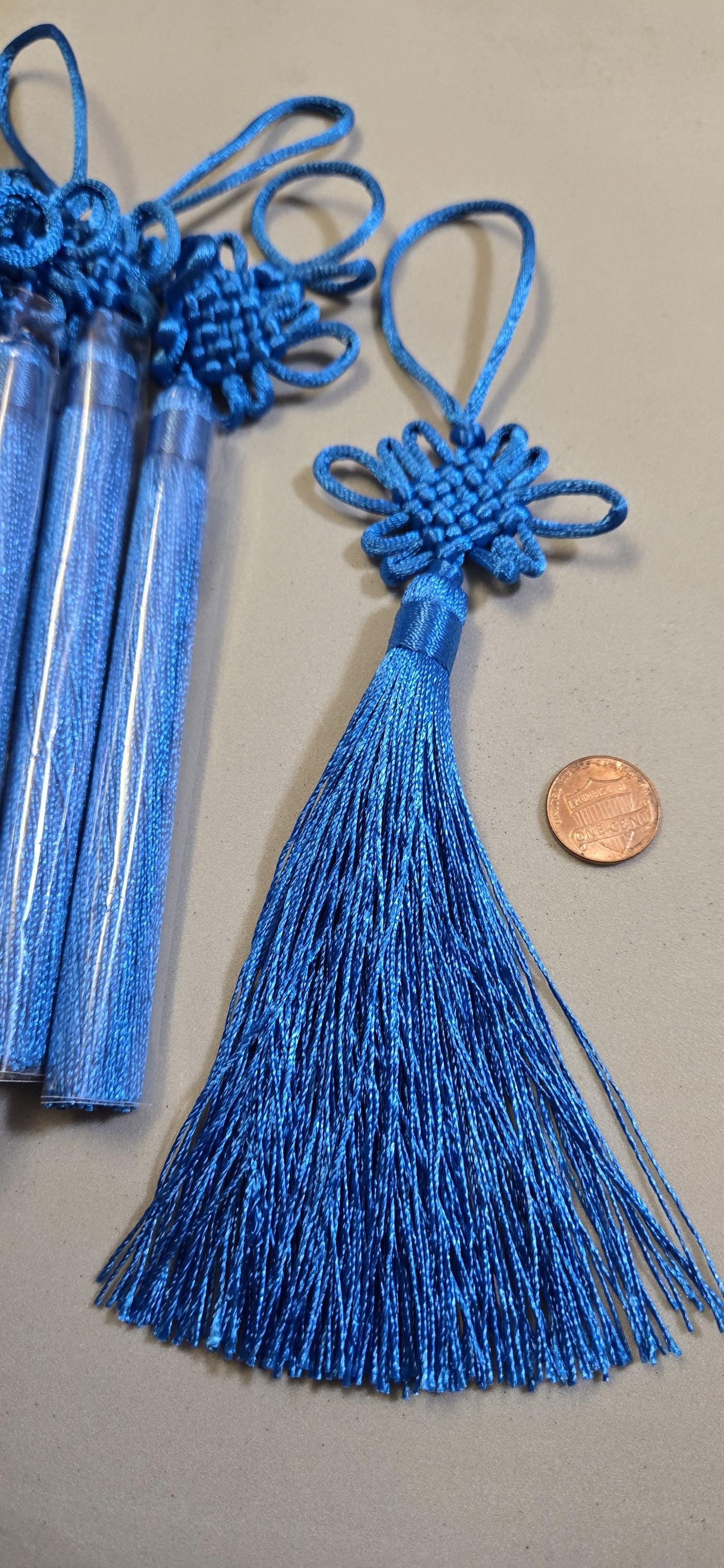 1 Piece - Long tassel silky blue color chinese infinity knot tassel charm supplies - 8.5 inches long - BD858C