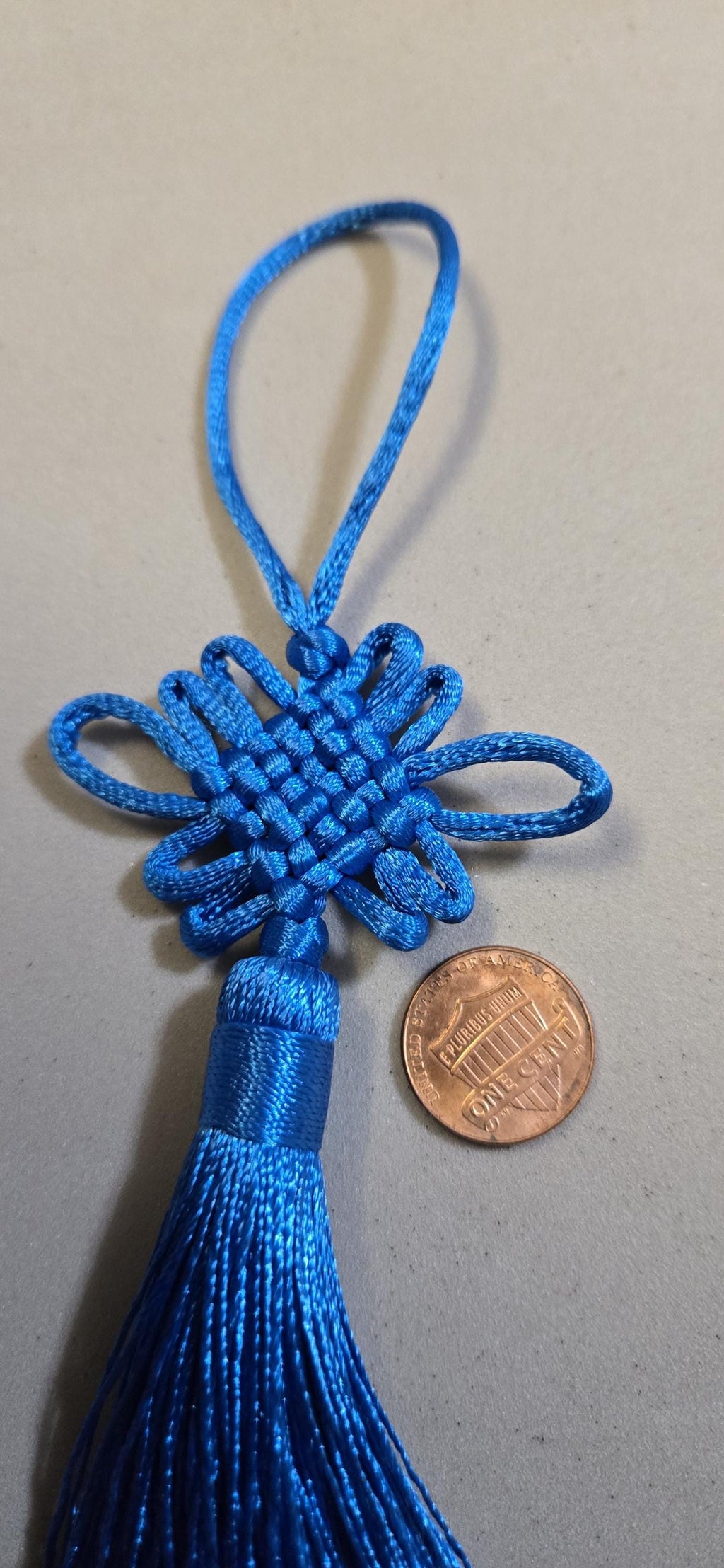 1 Piece - Long tassel silky blue color chinese infinity knot tassel charm supplies - 8.5 inches long - BD858C