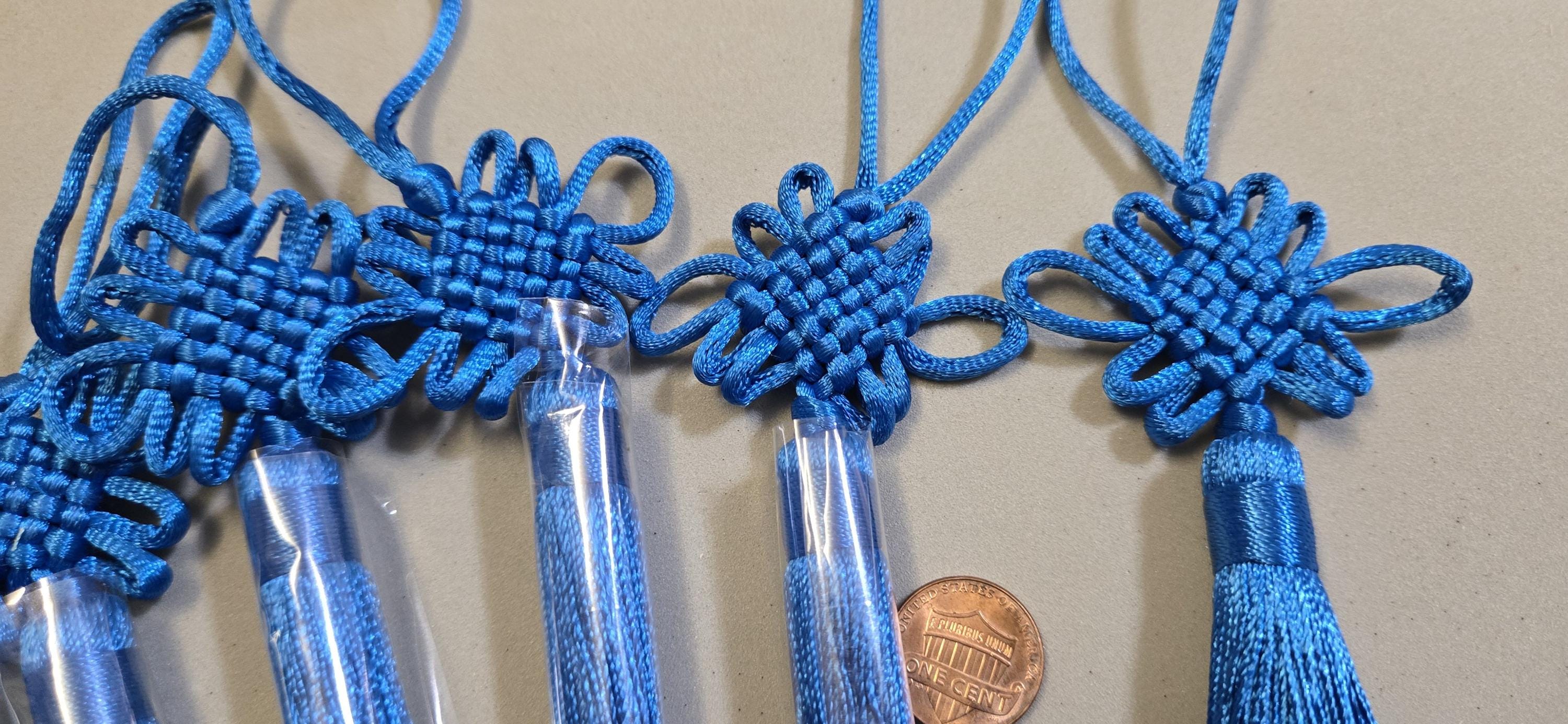 1 Piece - Long tassel silky blue color chinese infinity knot tassel charm supplies - 8.5 inches long - BD858C