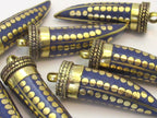 1 pendant - Long lapis inlaid Tibetan horn tusk shape Brass pendant with dotted brass inlay - PM255C