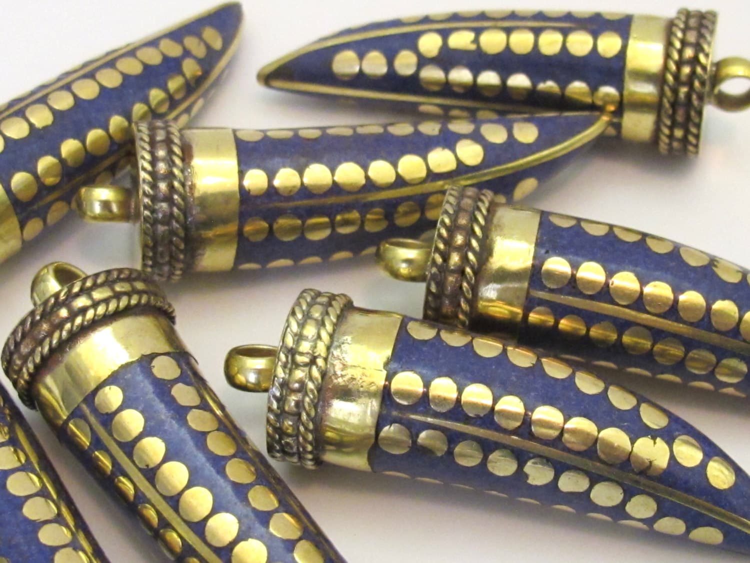 1 pendant - Long lapis inlaid Tibetan horn tusk shape Brass pendant with dotted brass inlay - PM255C