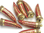 1 Pendant - Long inlaid Tibetan horn tusk shape Brass pendant with dotted brass inlays - PM255D