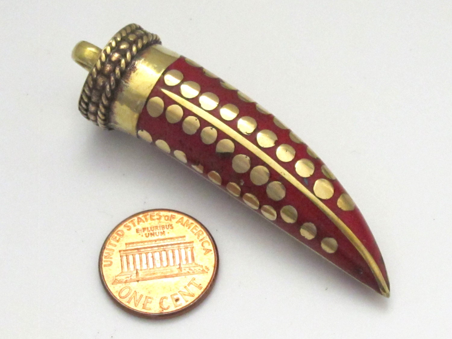 1 Pendant - Long inlaid Tibetan horn tusk shape Brass pendant with dotted brass inlays - PM255D