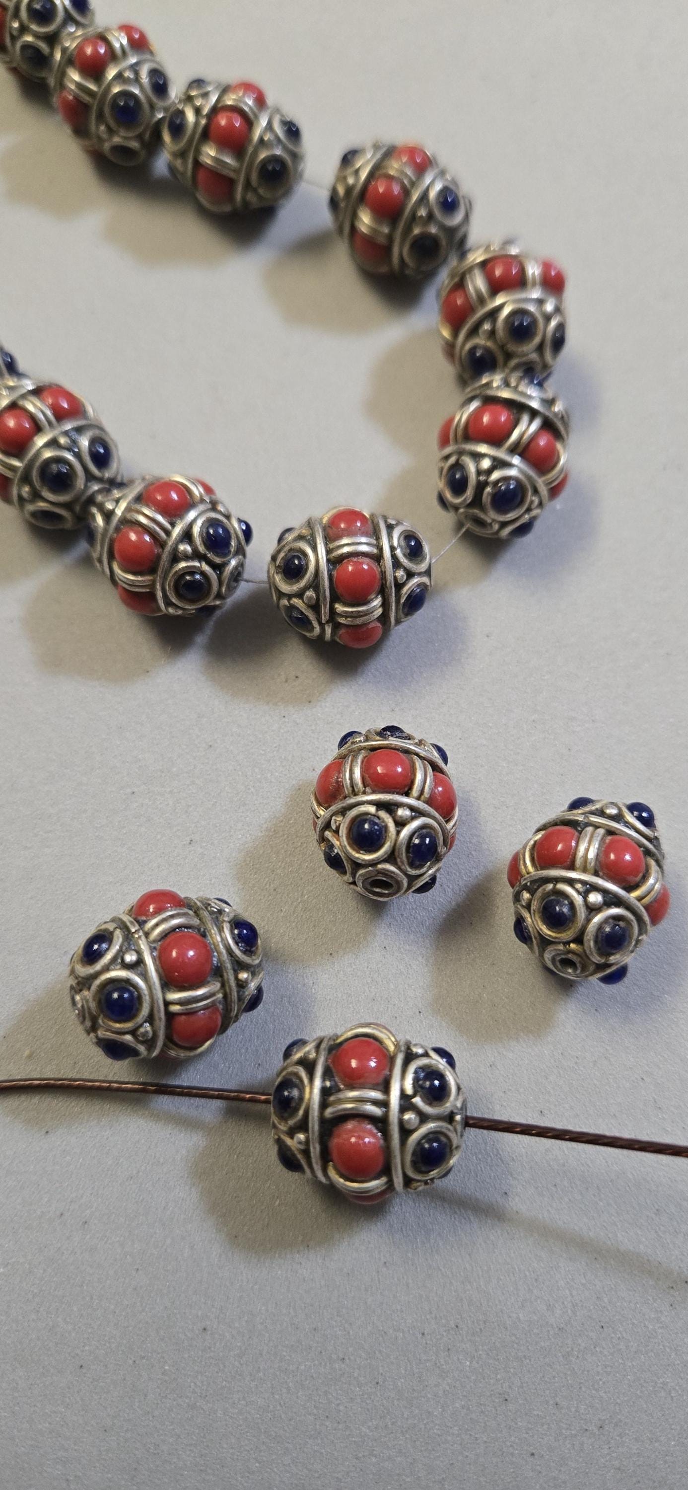 4 beads - Ethnic Tibetan nepal brass beads with red blue resin inlays - BD800G