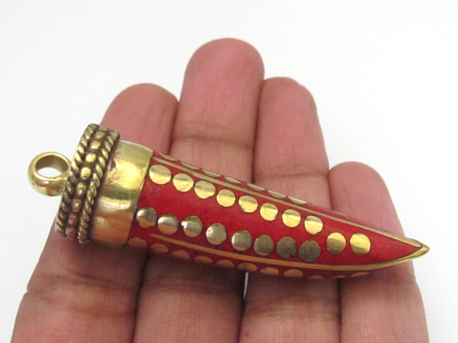 1 Pendant - Long inlaid Tibetan horn tusk shape Brass pendant with dotted brass inlays - PM255D