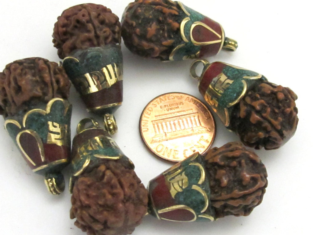1 Pendant - Tibetan Om mantra Nepal natural Rudraksha seed capped drop pendant - PM269