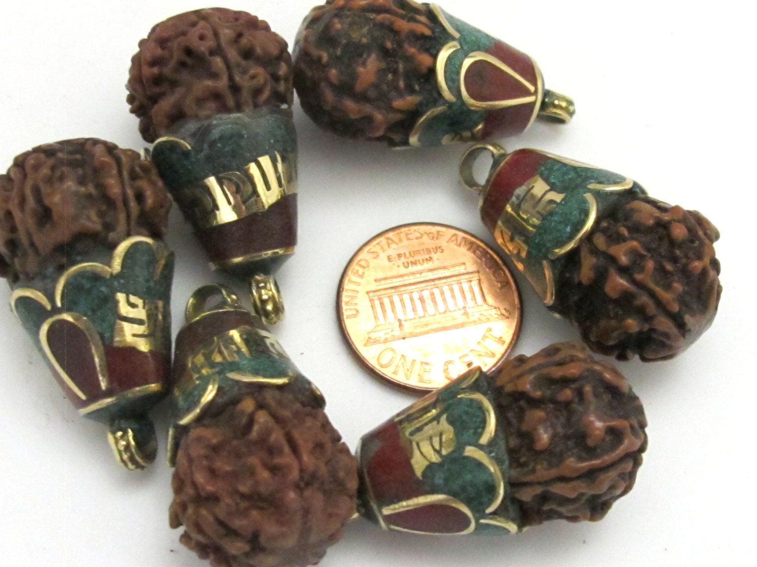 1 Pendant - Tibetan Om mantra Nepal natural Rudraksha seed capped drop pendant - PM269