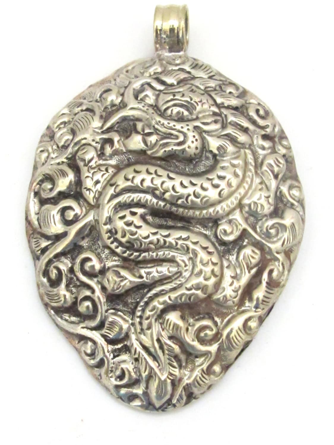 Tibetan silver repousse Dragon pendant with reverse side detailed deer and floral repousse - PM270G