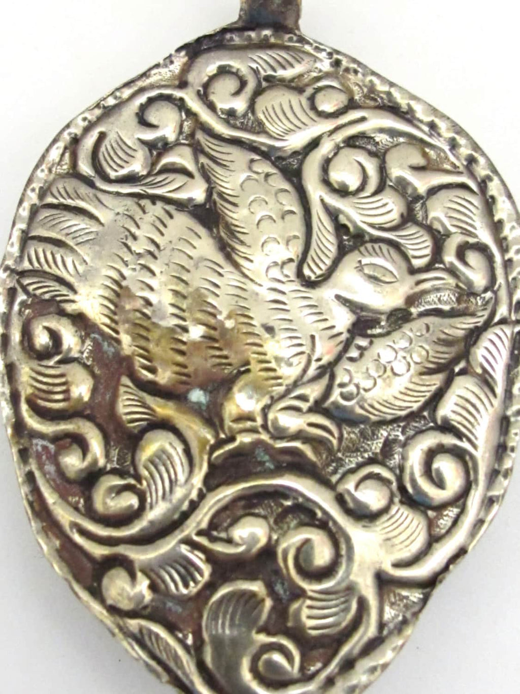 Tibetan silver repousse Dragon pendant with reverse side phoenix bird and floral repousse - PM270C