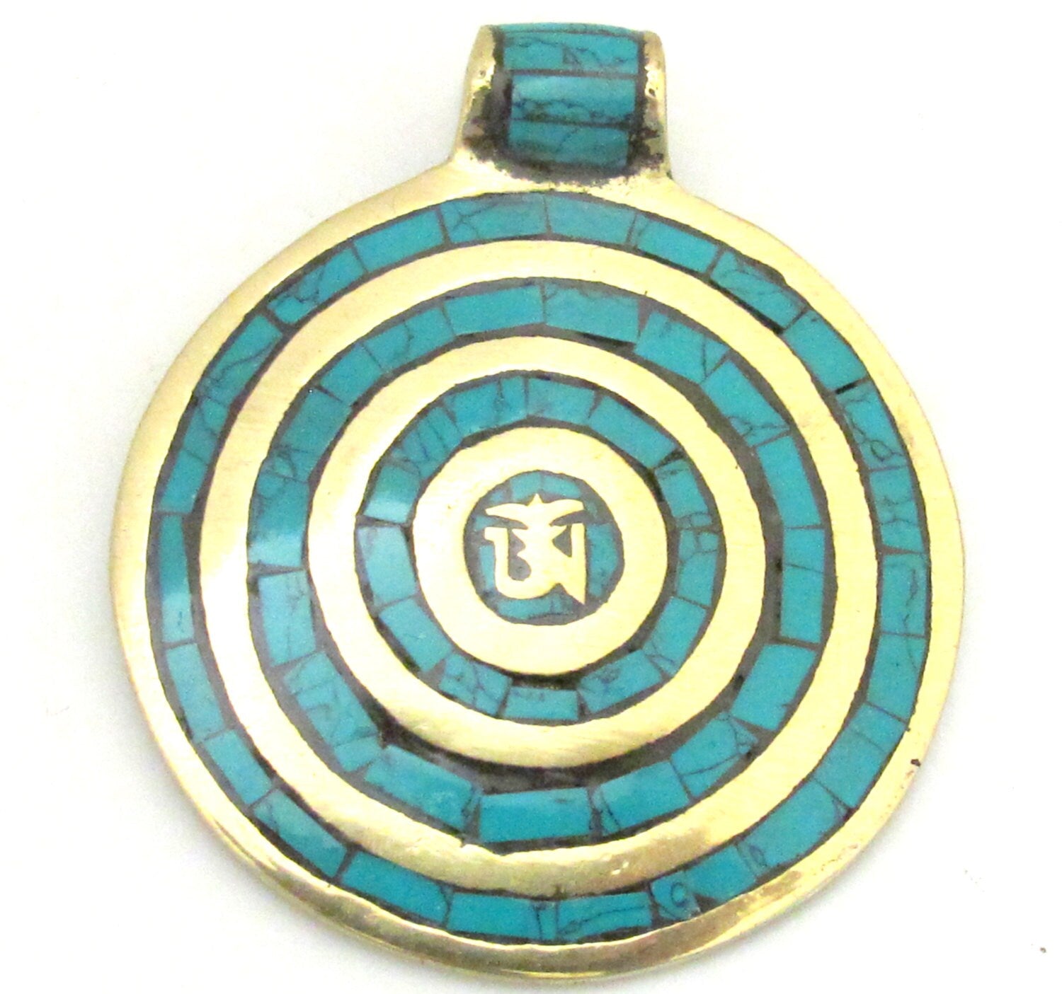 Large Round shape Tibetan Om spiral circles brass pendant with turquoise inlay - PM273A