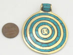 Large Round shape Tibetan Om spiral circles brass pendant with turquoise inlay - PM273A