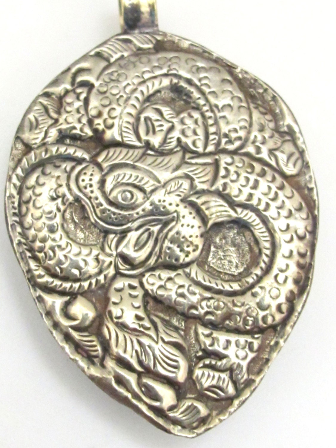 Tibetan silver repousse Dragon pendant with reverse side long dragon tail and head repousse - PM270D