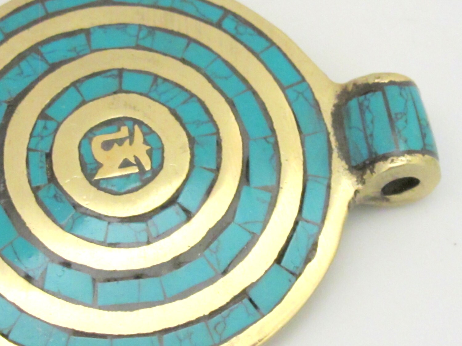 Large Round shape Tibetan Om spiral circles brass pendant with turquoise inlay - PM273A