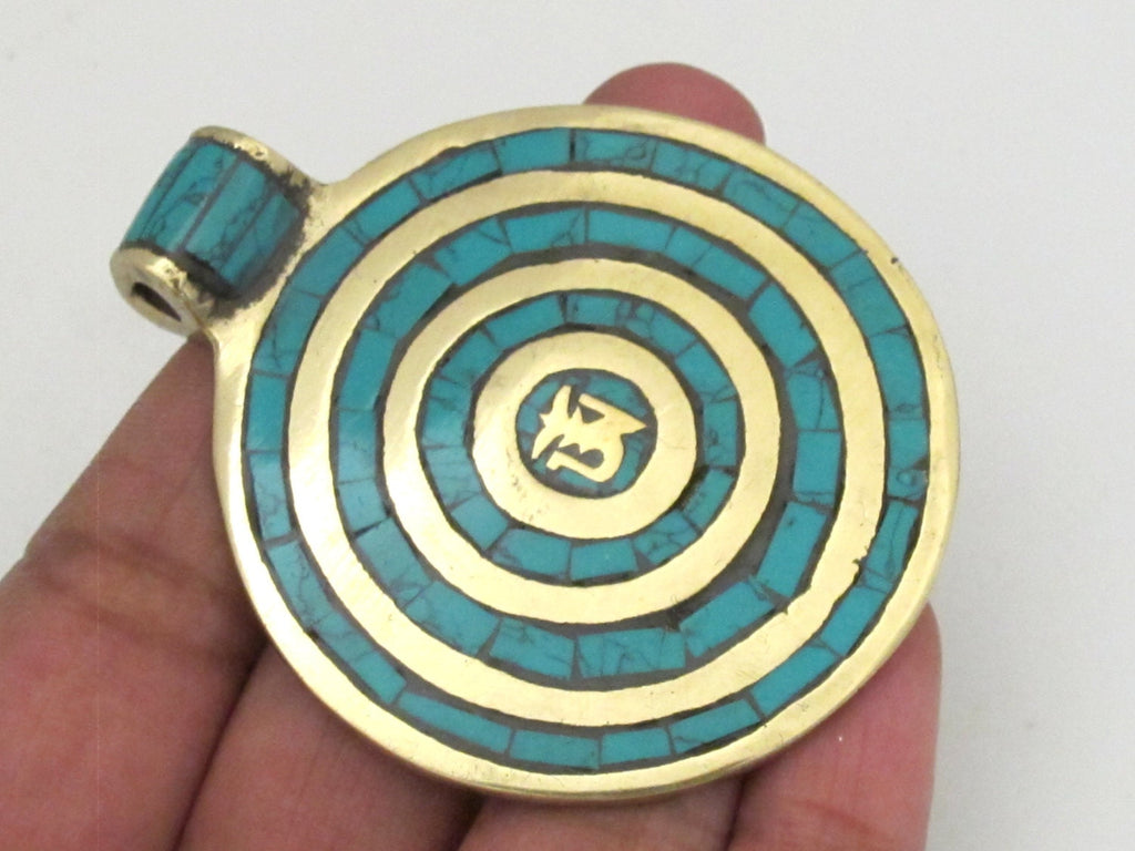 Large Round shape Tibetan Om spiral circles brass pendant with turquoise inlay - PM273A
