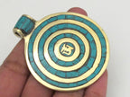 Large Round shape Tibetan Om spiral circles brass pendant with turquoise inlay - PM273A