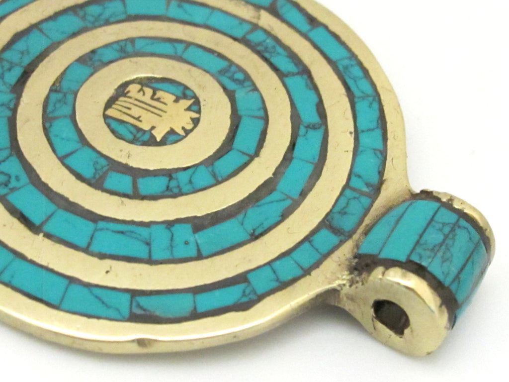 1 Pendant - Tibetan Kalachakra mantra spiral circles brass pendant with turquoise inlay - PM274A