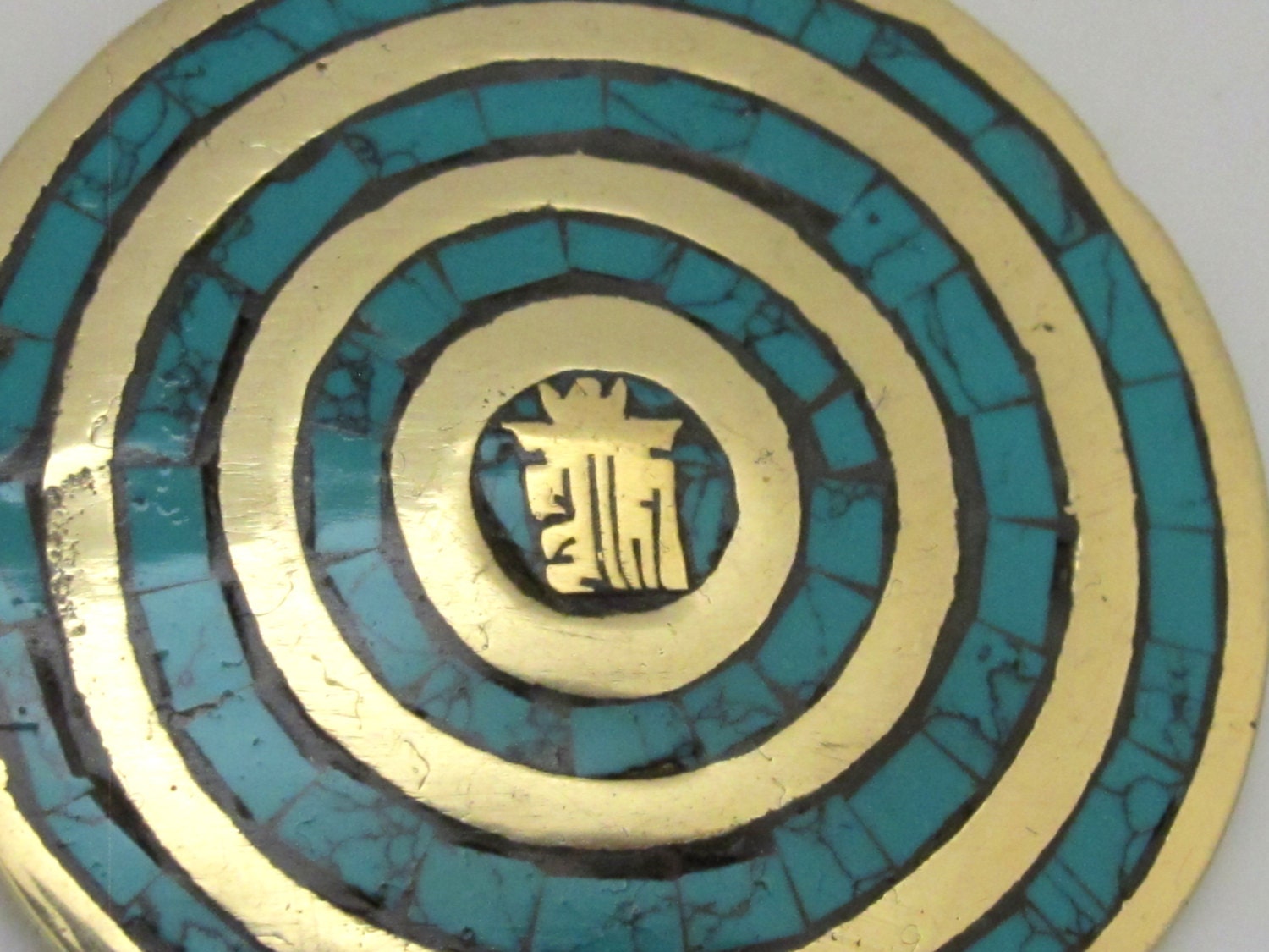 1 Pendant - Tibetan Kalachakra mantra spiral circles brass pendant with turquoise inlay - PM274A