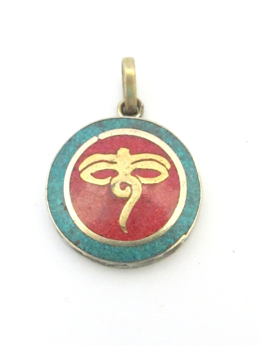 Small size Tibetan Buddha eyes pendant with turquoise coral inlay - PM276G