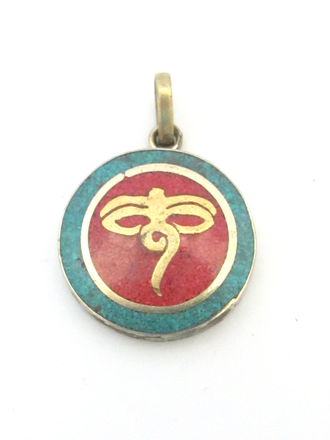 Small size Tibetan Buddha eyes pendant with turquoise coral inlay - PM276G