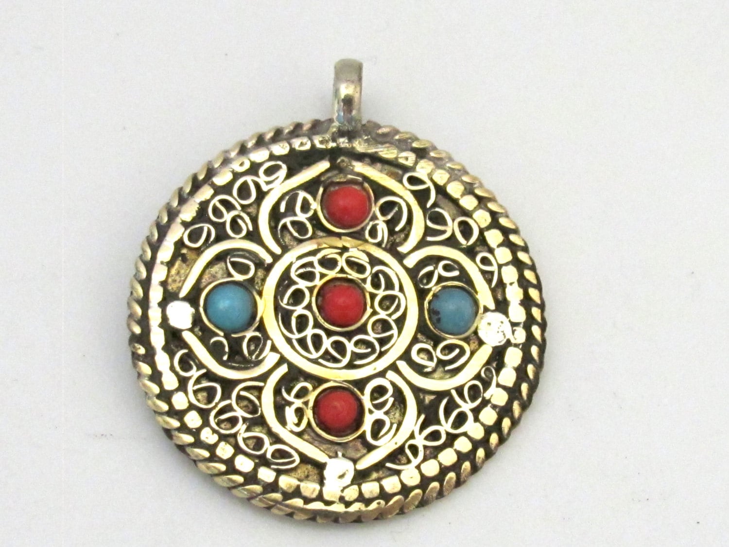 Tibetan dorje and mandala reversible brass filigree pendant - PM277