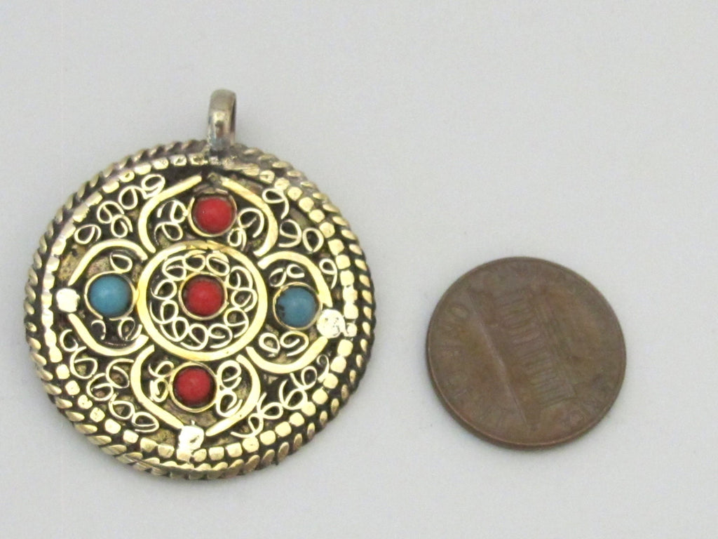 Tibetan dorje and mandala reversible brass filigree pendant - PM277