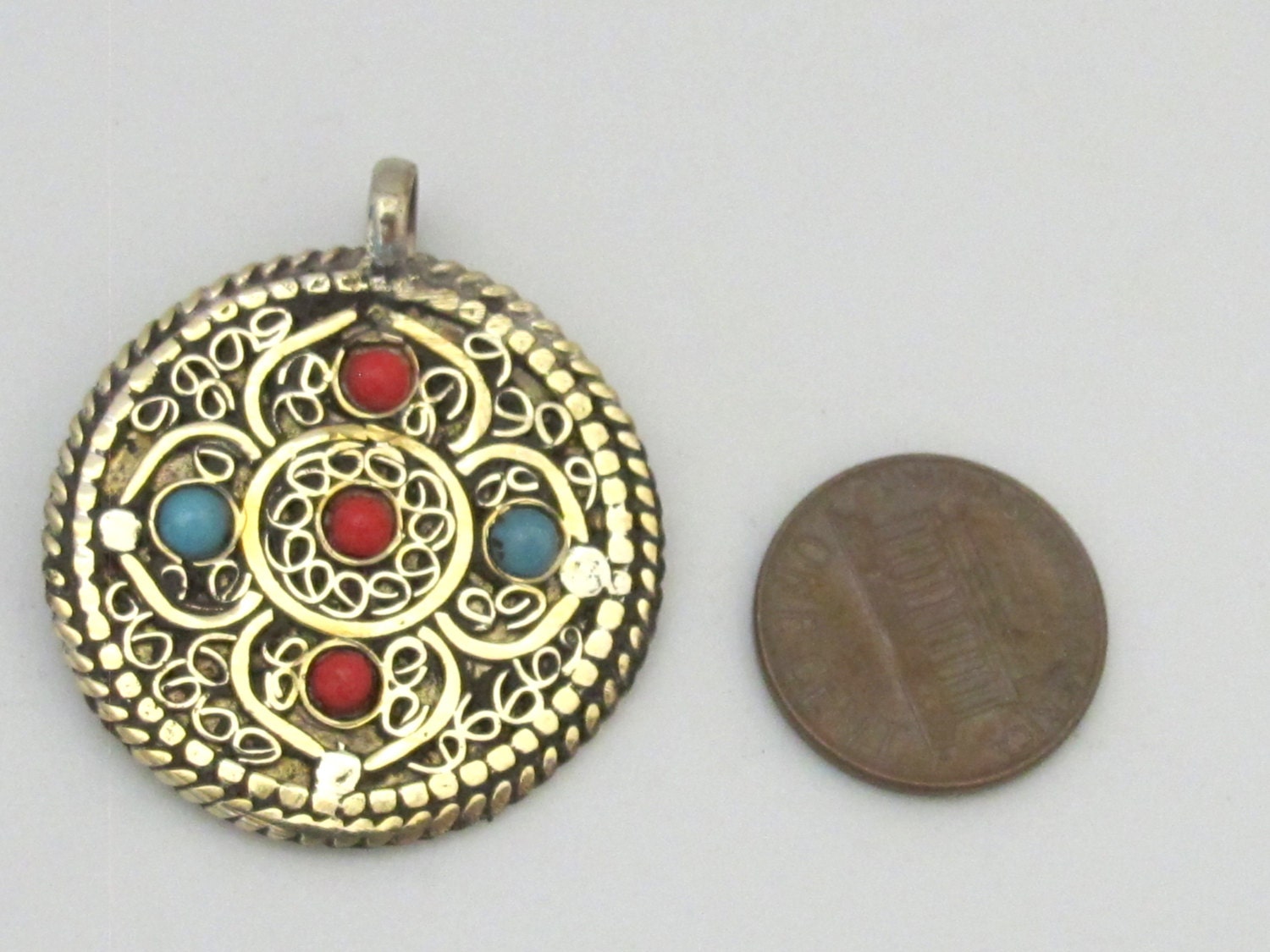 Tibetan dorje and mandala reversible brass filigree pendant - PM277