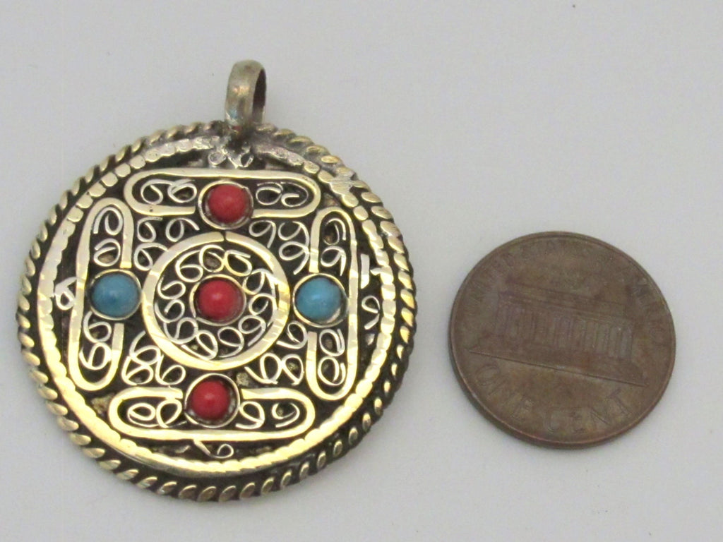 Tibetan dorje and mandala reversible brass filigree pendant - PM277