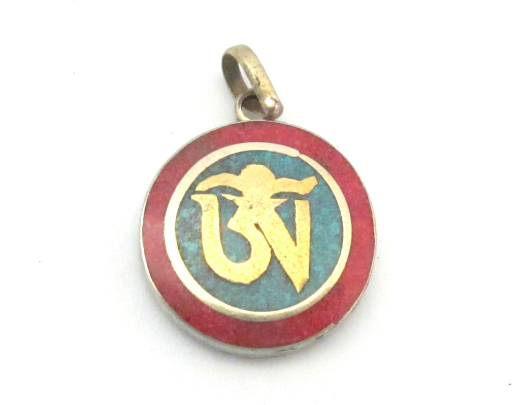 Small size Tibetan OM mantra pendant with turquoise coral inlay - PM276A