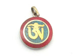 Small size Tibetan OM mantra pendant with turquoise coral inlay - PM276A