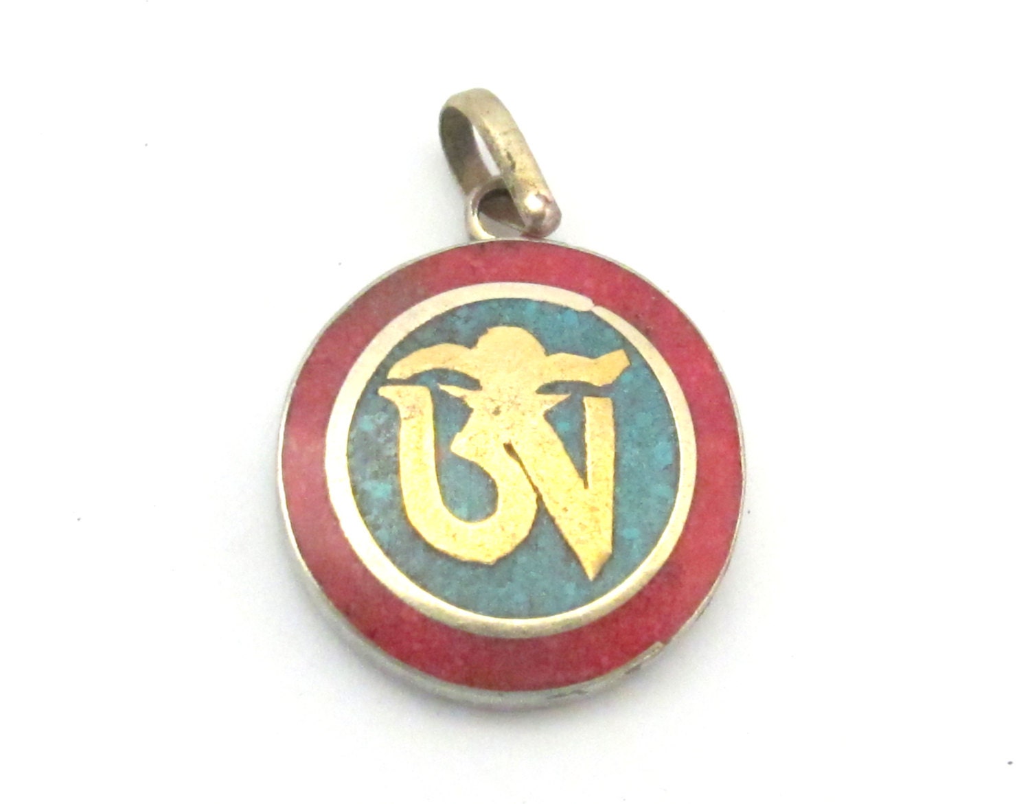 Small size Tibetan OM mantra pendant with turquoise coral inlay - PM276A
