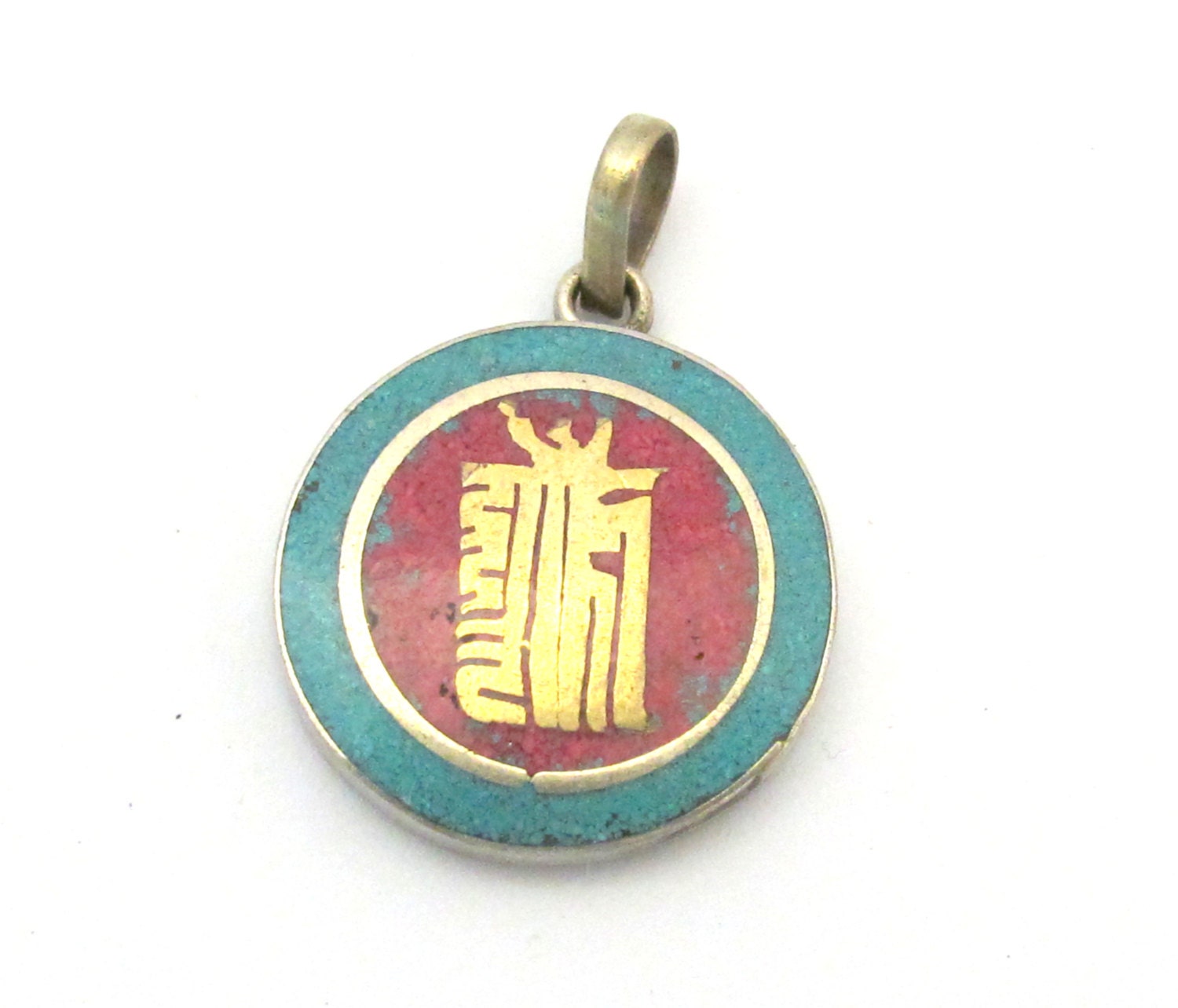 Small size Tibetan kalachakra mantra pendant with turquoise coral inlay - PM276B