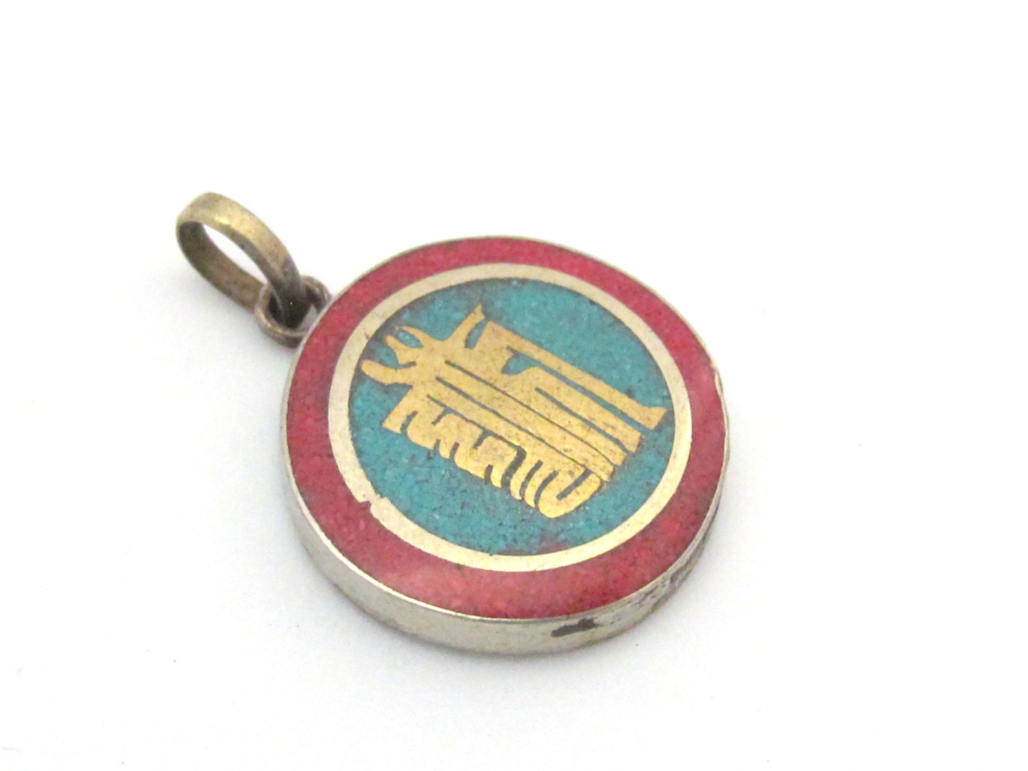 Small size Tibetan kalachakra mantra pendant with turquoise coral inlay - PM276E