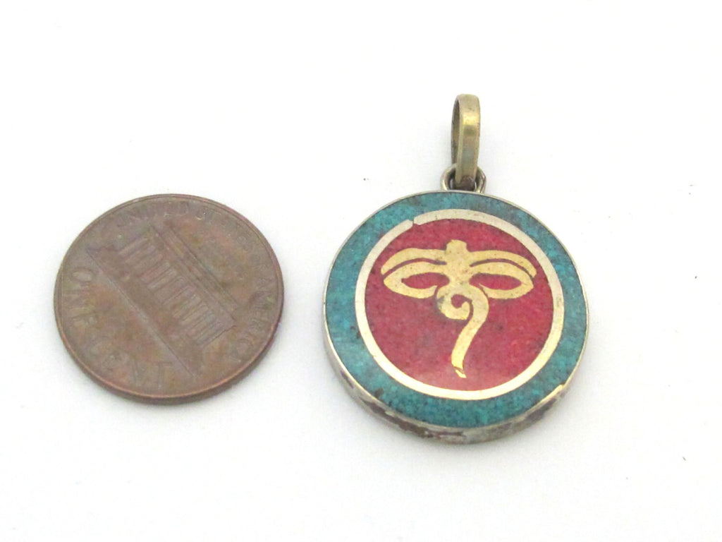 Small size Tibetan Buddha eyes pendant with turquoise coral inlay - PM276G
