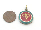 Small size Tibetan Buddha eyes pendant with turquoise coral inlay - PM276G