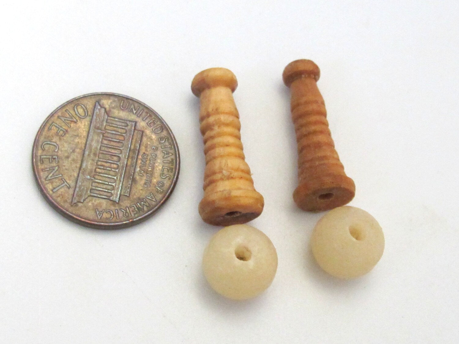 2 sets - Tibetan natural wood seed bead 2 hole round bead 8 - 9 mm size with cone shape column bead - GB004