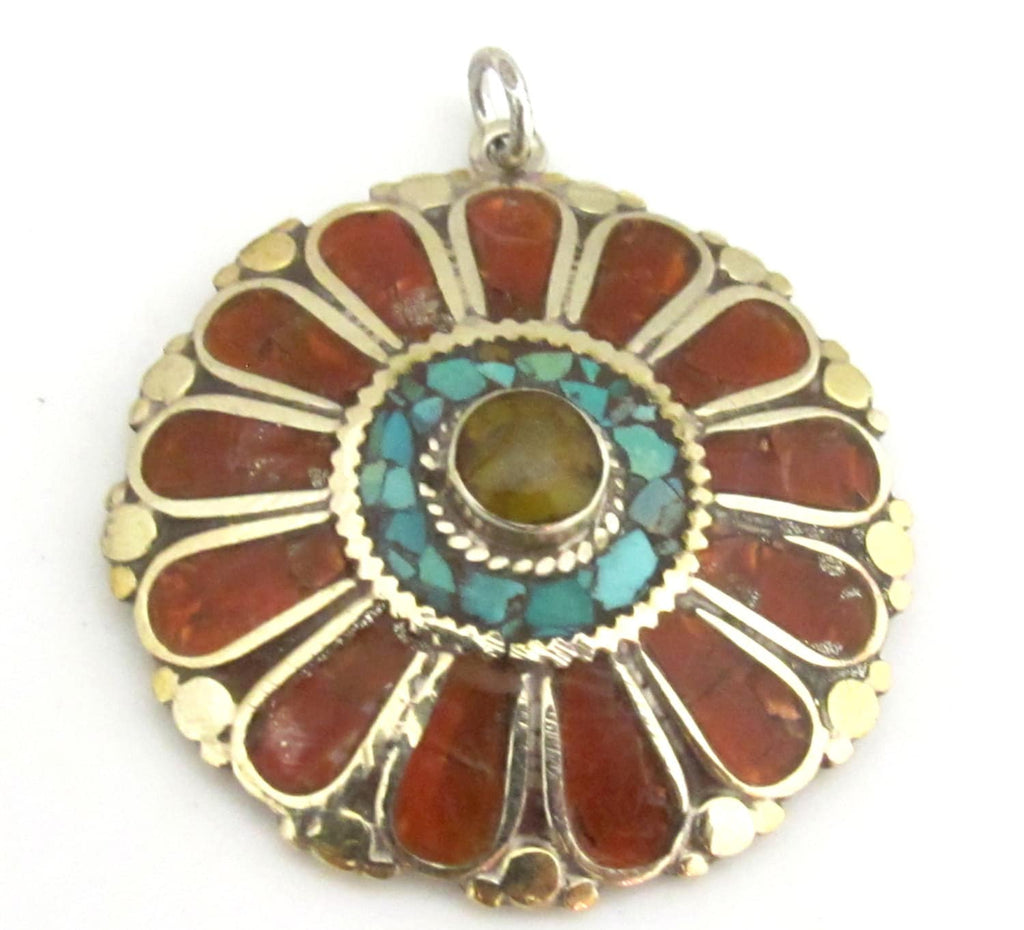 1 pendant - Ethnic floral Shield design Tibetan brass pendant with copal , coral and turquoise inlay - PM279A