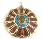 1 pendant - Ethnic floral Shield design Tibetan brass pendant with copal , coral and turquoise inlay - PM279A