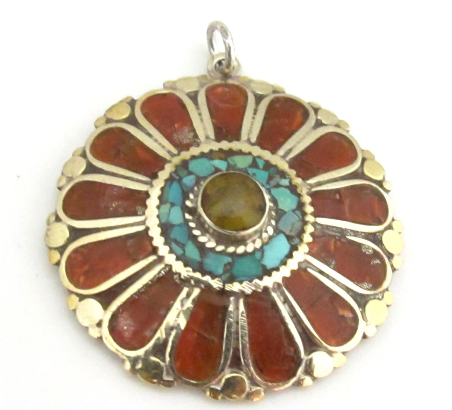 1 pendant - Ethnic floral Shield design Tibetan brass pendant with copal , coral and turquoise inlay - PM279A