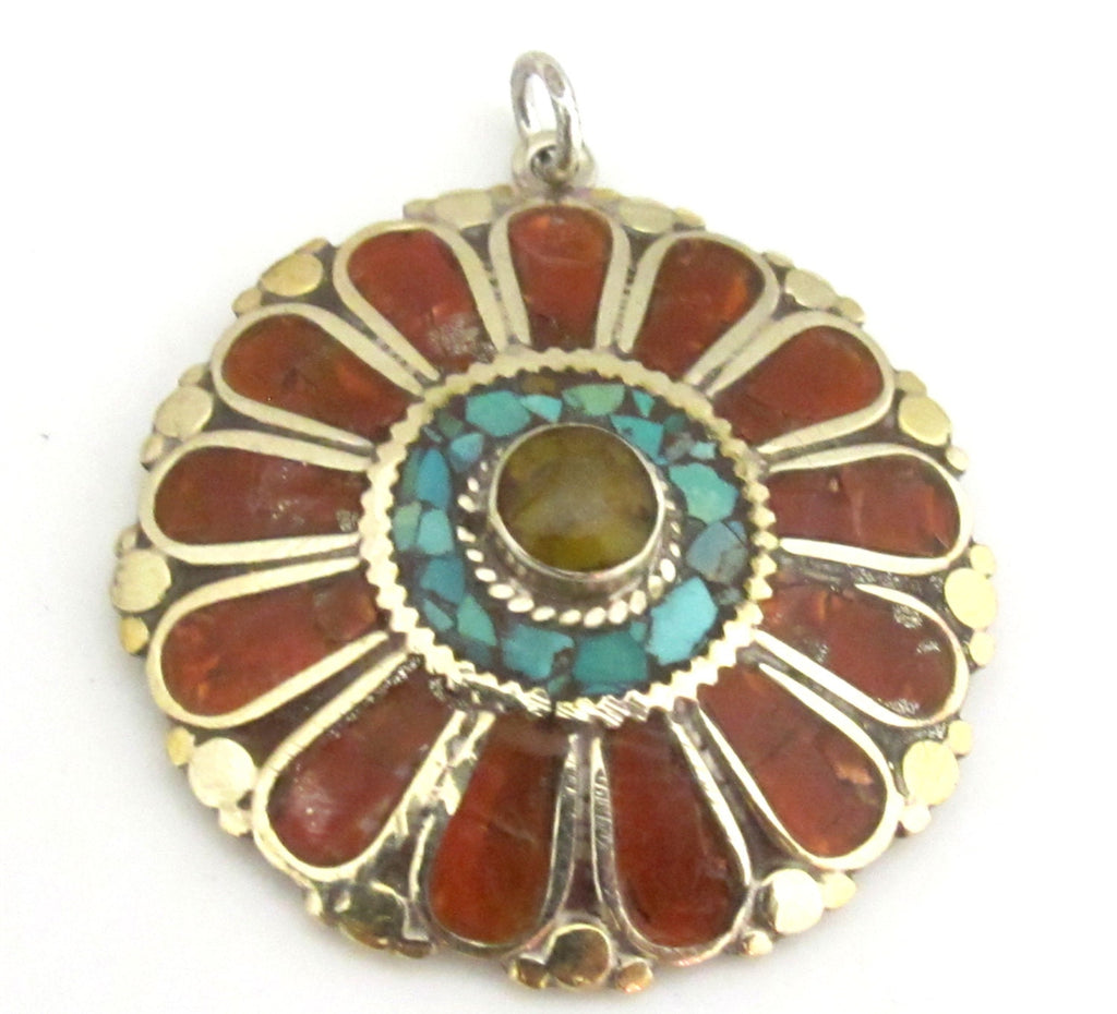 1 pendant - Ethnic floral Shield design Tibetan brass pendant with copal , coral and turquoise inlay - PM279A