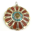 1 pendant - Ethnic floral Shield design Tibetan brass pendant with copal , coral and turquoise inlay - PM279A