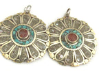 1 pendant - Ethnic floral Shield design Tibetan brass pendant with coral , turquoise and shell inlay - PM279B
