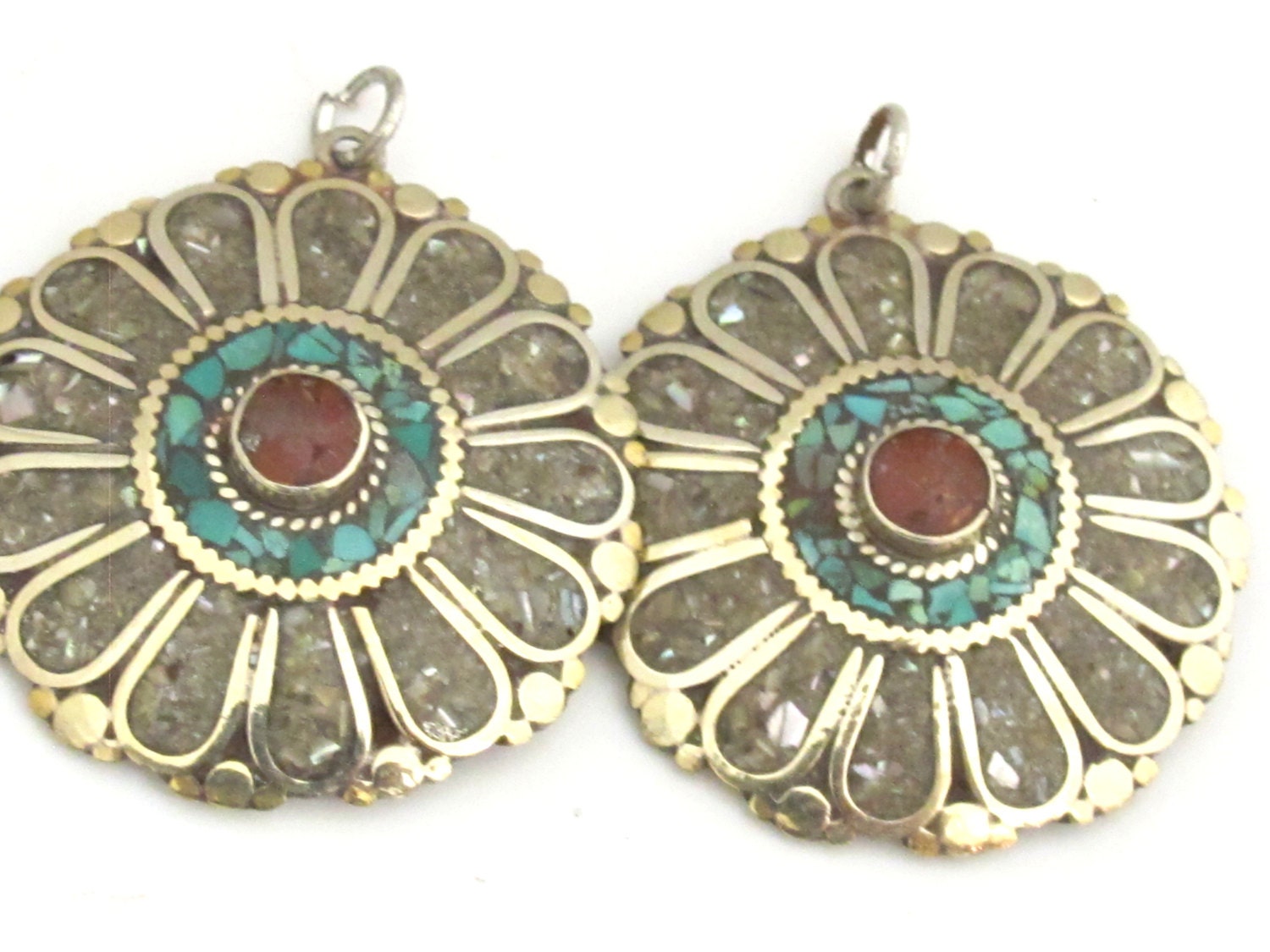 1 pendant - Ethnic floral Shield design Tibetan brass pendant with coral , turquoise and shell inlay - PM279B