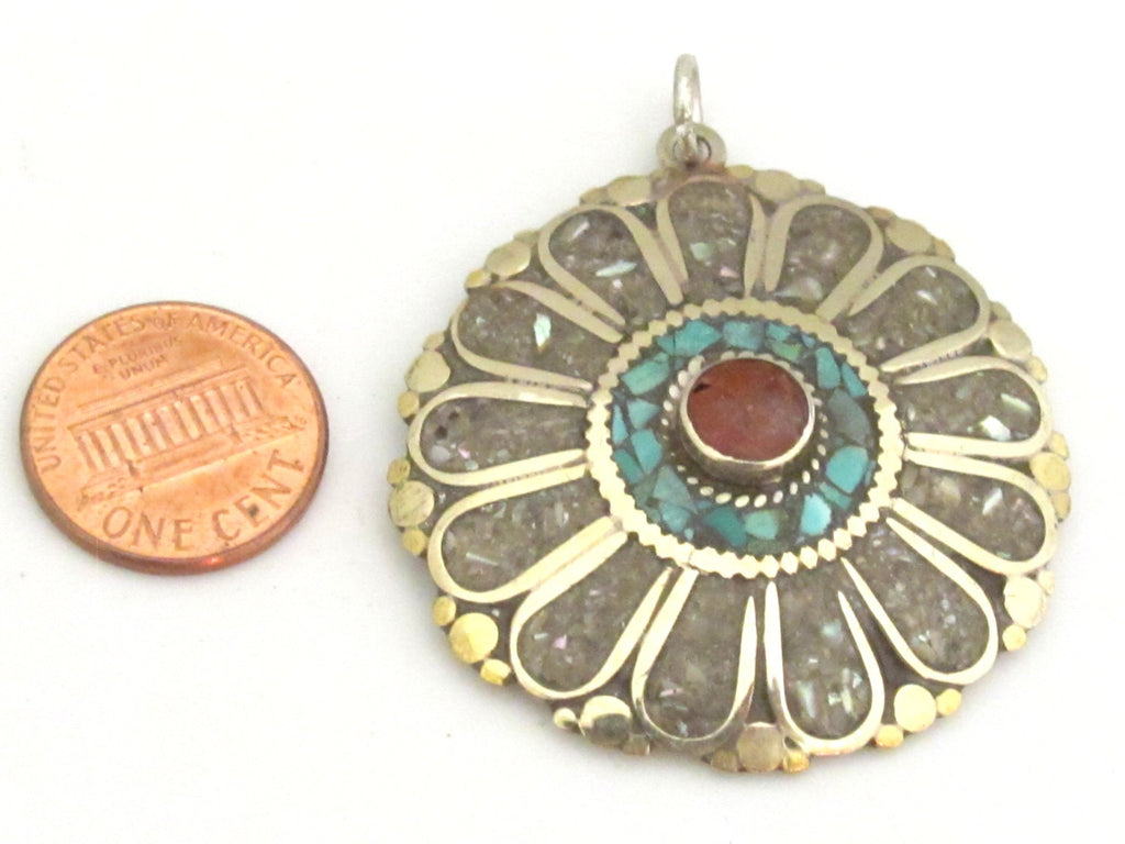1 pendant - Ethnic floral Shield design Tibetan brass pendant with coral , turquoise and shell inlay - PM279B