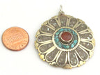 1 pendant - Ethnic floral Shield design Tibetan brass pendant with coral , turquoise and shell inlay - PM279B