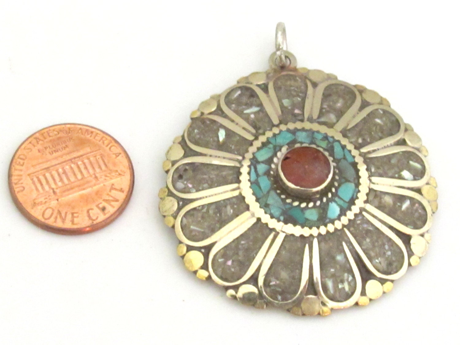 1 pendant - Ethnic floral Shield design Tibetan brass pendant with coral , turquoise and shell inlay - PM279B