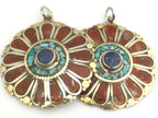 1 pendant - Ethnic floral Shield design Tibetan brass pendant with coral , turquoise and lapis inlay - PM279C