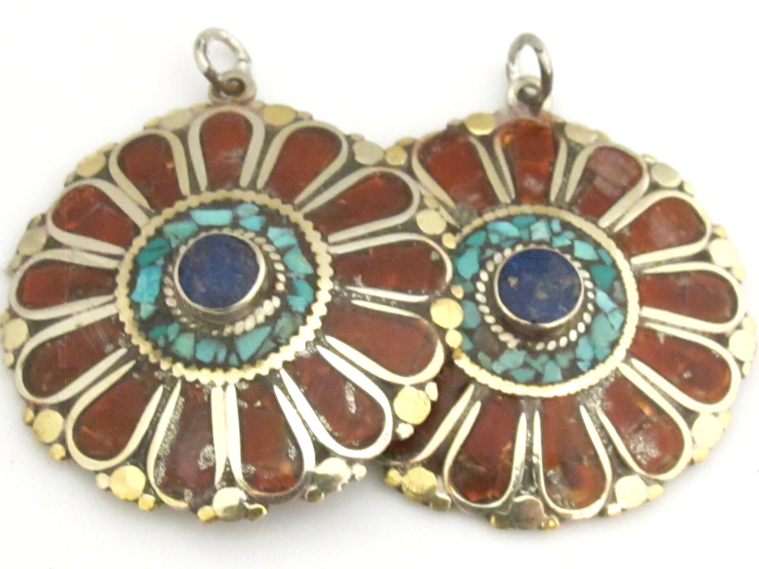 1 pendant - Ethnic floral Shield design Tibetan brass pendant with coral , turquoise and lapis inlay - PM279C