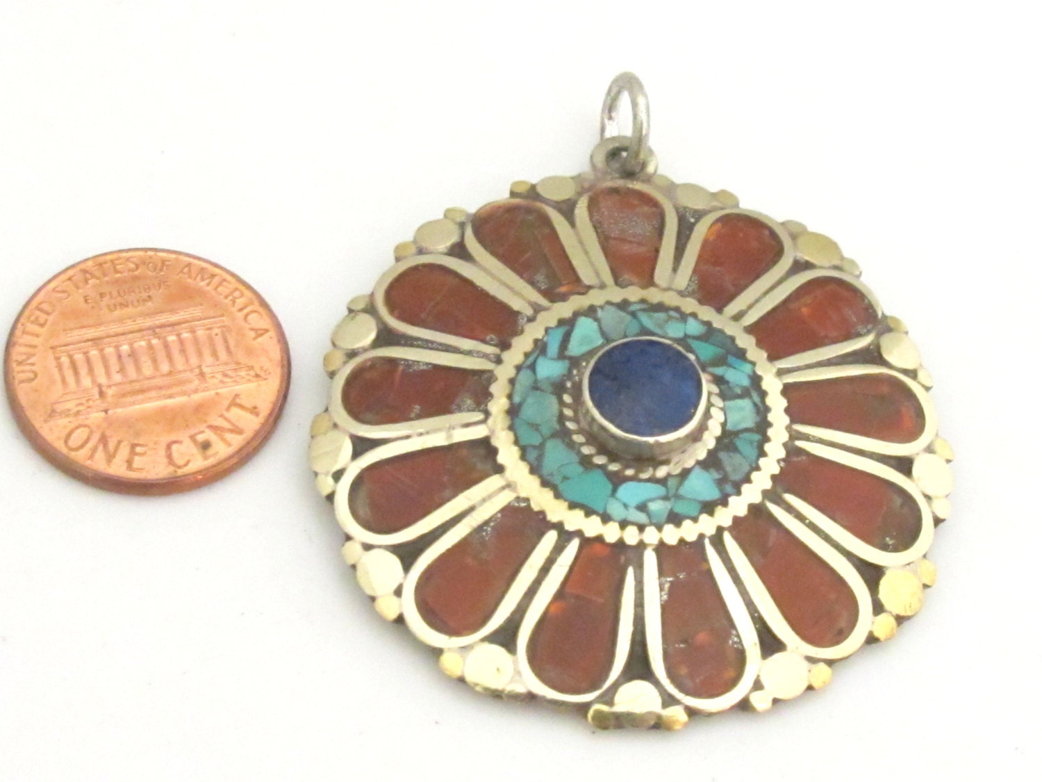 1 pendant - Ethnic floral Shield design Tibetan brass pendant with coral , turquoise and lapis inlay - PM279C