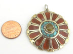1 pendant - Ethnic floral Shield design Tibetan brass pendant with copal , coral and turquoise inlay - PM279A